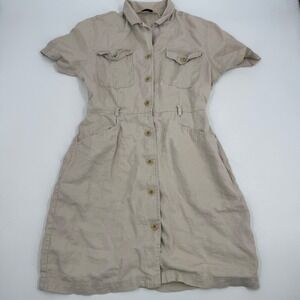 Eddie Bauer Womens Petite Button Up Utility Dress‎ Linen Blend Tan Size Small